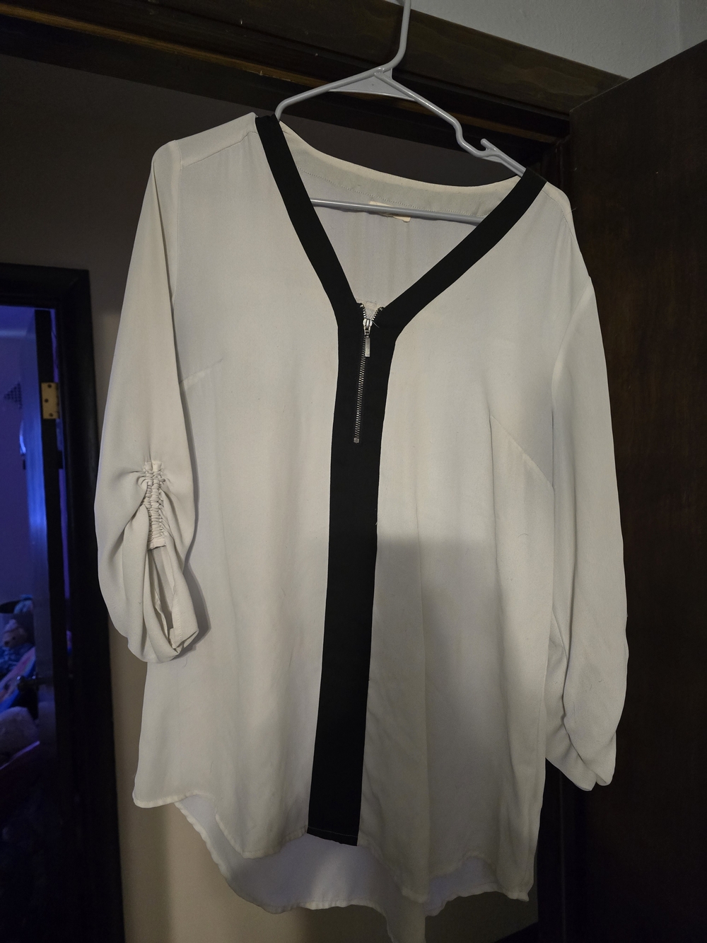 Maurices Cream Blouse with Black Trim and Center Zip